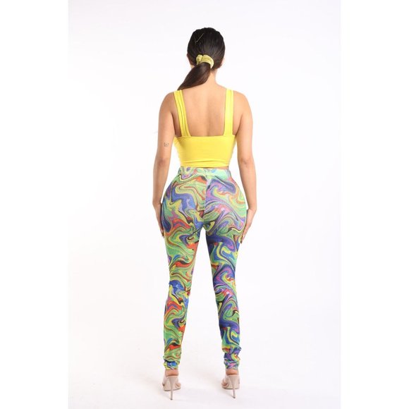 Women's Sexy Ruched Front Top & Matching Printed Fishnet Leggings 2 Pieces Set - Picture 5 of 6